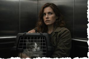 Emily in the elevator. Letters From A Survivor, zombie series.