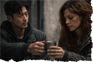 Edmond drinking coffee with Emily. Letters From A Survivor- zombie series