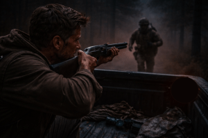 Kenny shooting runner from the back of his truck. Letters From A Survivor, zombie series