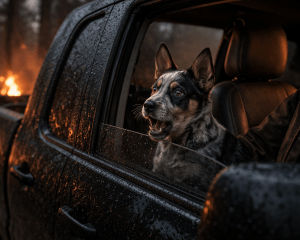 Maggie barking from the truck's passenger side window. Letters From A Survivor, zombie series. 