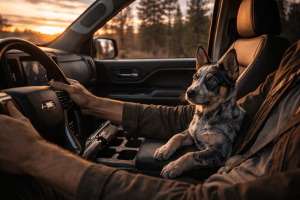 Maggie in Kenny's passenger seat. Letters From A Survivor, zombie series.