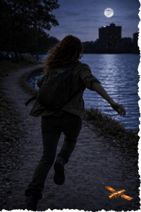 Emily running towards the lake. Letters From A Survivor - zombie series