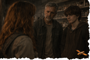 Emily talking with Lucas and his son. Letters From A Survivor - zombie serires